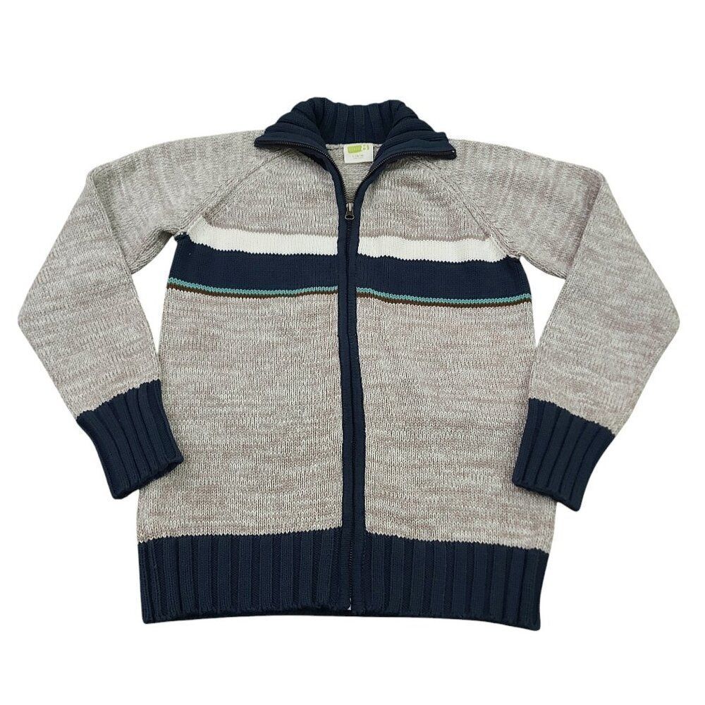 Crazy 8 Sweater Boys Large 10/12 Gray Navy Full Zip Ribbed High Neck 100% Cotton